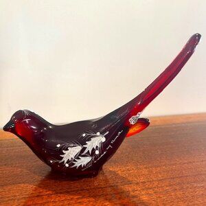 VTG Fenton Ruby Red Glass Bird Hand Painted Signed with Fenton Sticker
